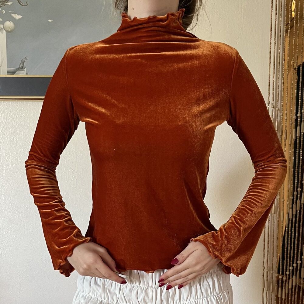Orange Velvet Turtleneck Long Bell Sleeve Top Size S Retro 70s Groovy Autumn